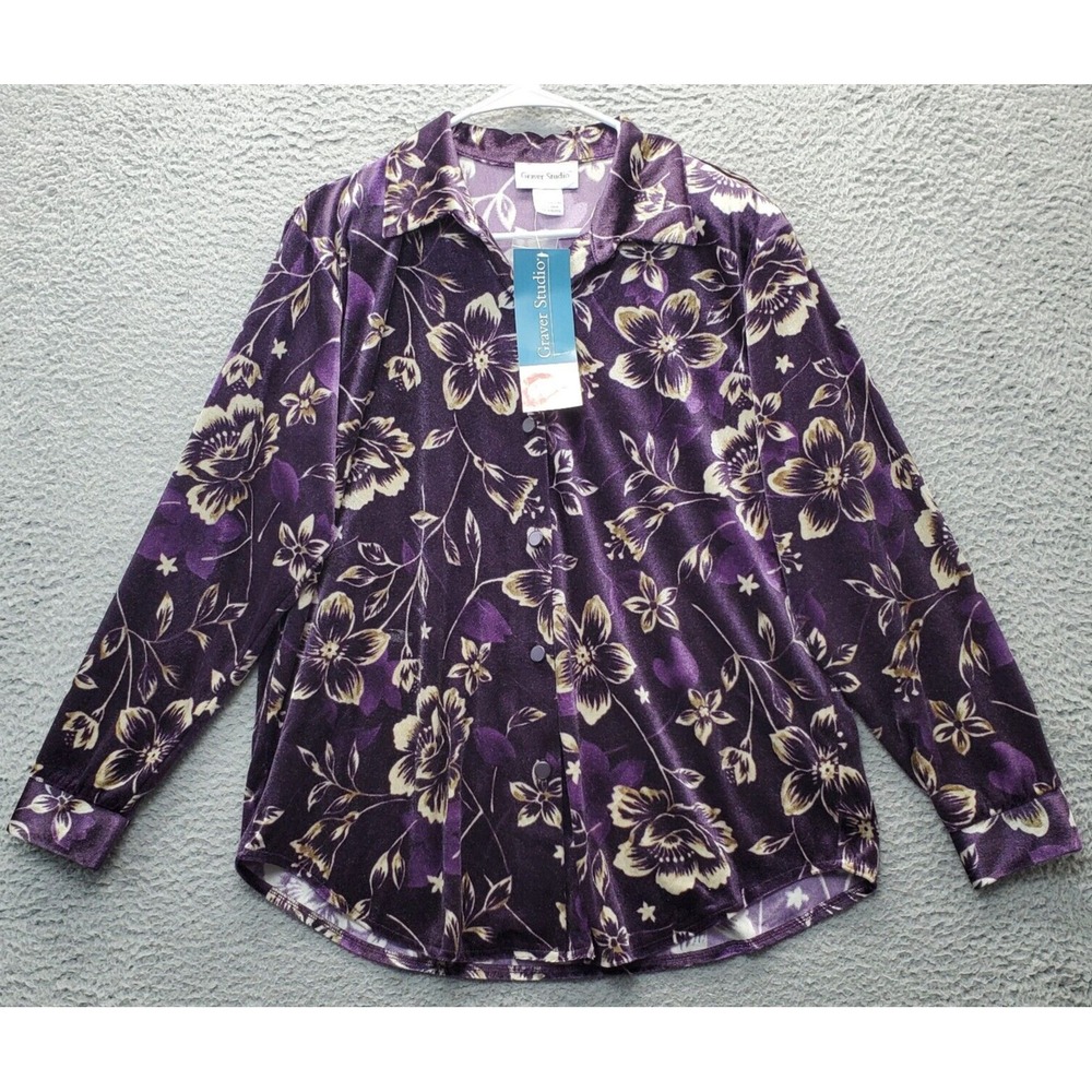 Graver Studio Shirt Top Women's PM Multi Floral Velour Shoulder Pads Button Down